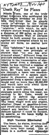 Tesla Death Ray Article - NY Times 9/22/1940