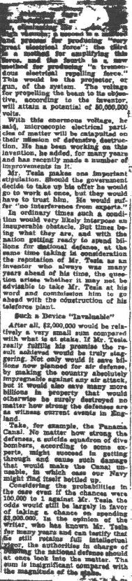 Tesla Death Ray Article - NY Times 1940